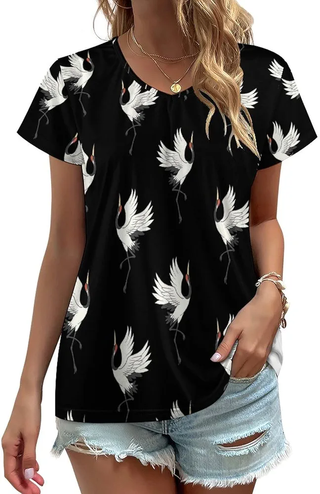 Japanese Cranes Pattern Print Blouses for Women V Neck T-Shirt Casual Tops Short Sleeve Tunic