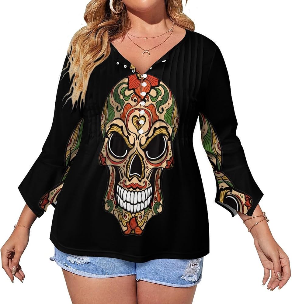 Rose Skull Day of The Dead Casual Womens T-Shirts V Neck Ruffles Summer Tee Tops 3/4 Petal Sleeve Blouse