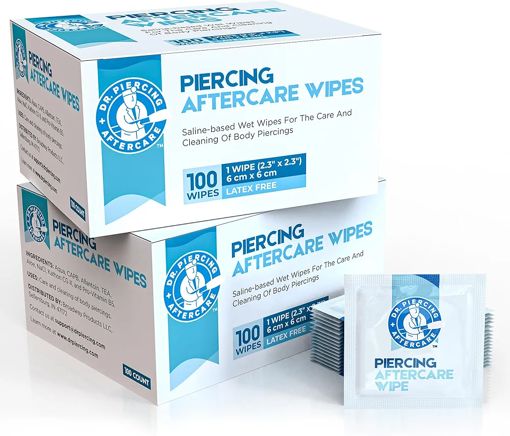 Dr. Piercing Aftercare Wipes – Piercing Aftercare | Saline Solution for Piercings - Keloid Bump Ear Piercing Cleaner – Ears Lips Belly Nose Piercing Bump - Piercing Hole Cleaner (200 Count)