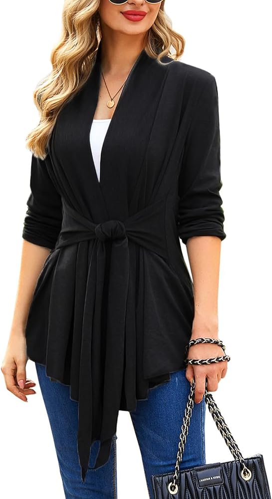 ACEVOG Lightweight Draped Cardigan for Women Open Front &Sash Tie 2 Ways Sweater Long Sleeve Wrap Duster