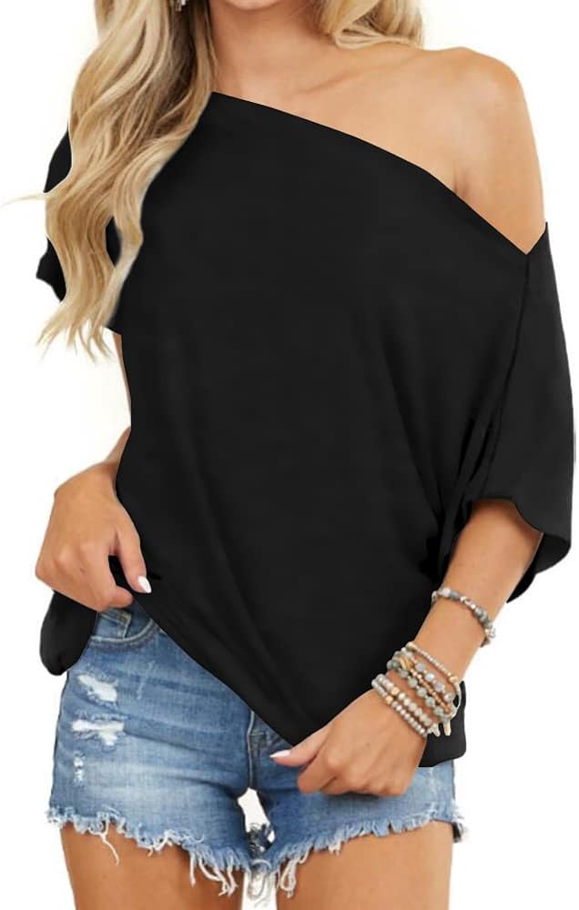 INFITTY Women's Off Shoulder Tops Short Sleeve Casual Loose Batwing Shirts Oversized Blouse Tunic