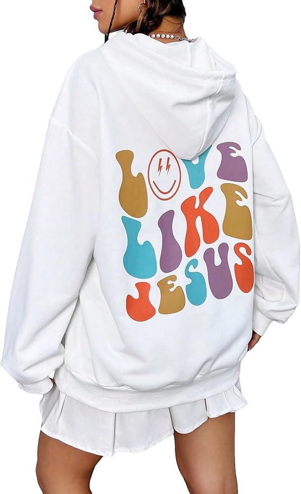 WDIRARA Women's Cartoon Letter Graphic Print Drawstring Hoodie Sweatshirts Pullovers with Pocket