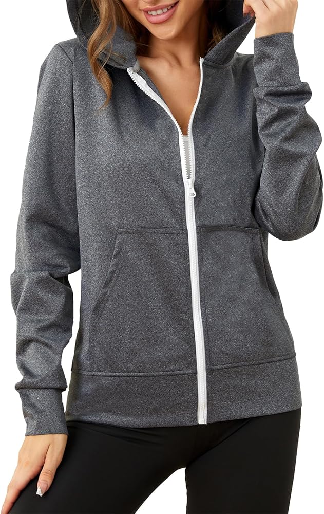 Zip Up Hooded Sweatshirt with Pockets Lightweight Jackets for Women Solid Thin Drawstring Hoodie