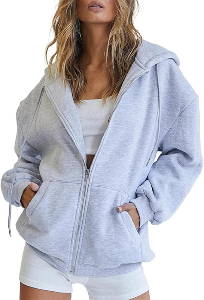 SHAOBGE Fall Sweatshirts for Women Zip Up Hoodies Oversized Sweatshirt Y2K Clothing Casual Drawstring Jacket with Pockets