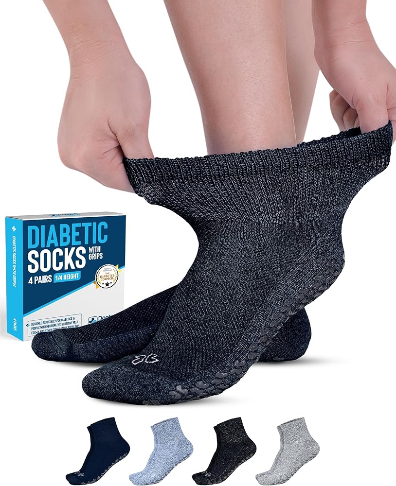 Doctor's Select Diabetic Ankle Socks with Grippers for Men and Women - 4 Pair 1/4 Length Neuropathy Socks for Women