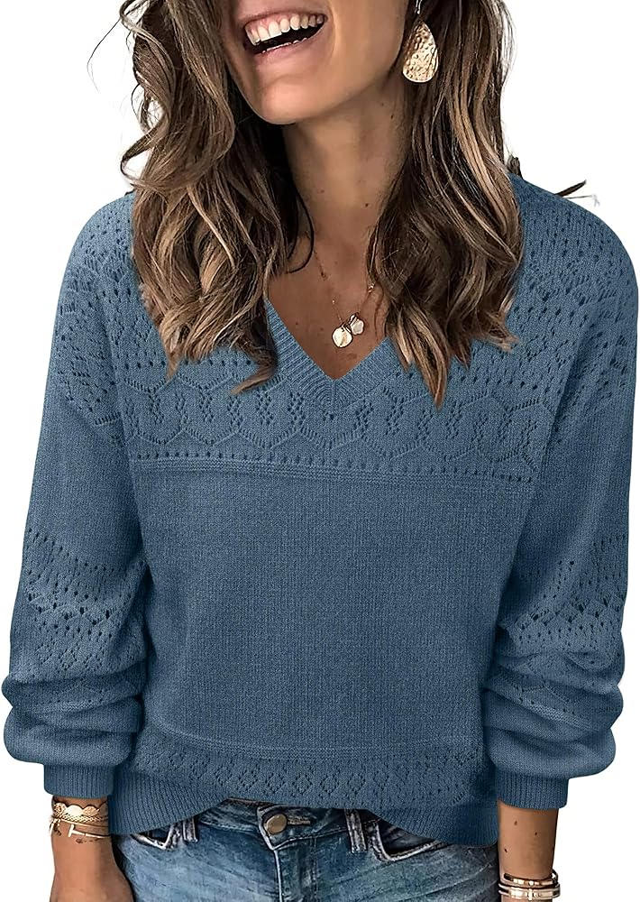 Messic Womens Pullover Sweaters 2024 Casual Long Sleeve V Neck Lightweight Loose Knit Tops