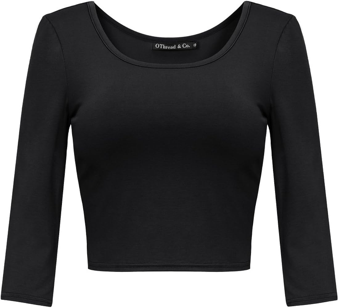 OThread & Co. Women's Crop Tops Basic Stretchy Scoop Neck 3/4 Sleeve T-Shirt