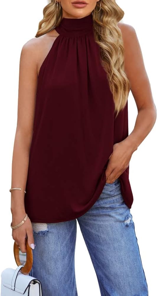 Ermonn Women Back Tie Halter Neck Sleeveless Tank Tops Casual Basic Tee Shirts Summer Tunic Cami Blouse