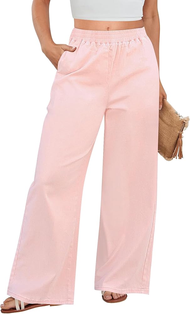 GRAPENT Wide Leg Pants Woman Pull On High Waisted Baggy Straight Leg Colored Jeans Stretch Twill Trouser Pants for Women