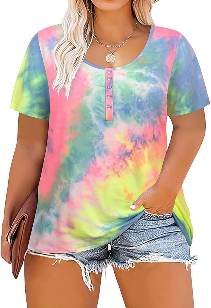 RITERA Plus Size Tops for Women Summer Short Sleeve Button Henley Shirts Tie Dye Oversized Tunic Blouse XL-6XL