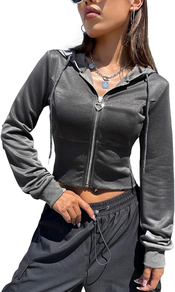 MakeMeChic Women's Casual Zip Up Long Sleeve Drawstring Crop Hoodie Sweatshirt Shiny Jacket