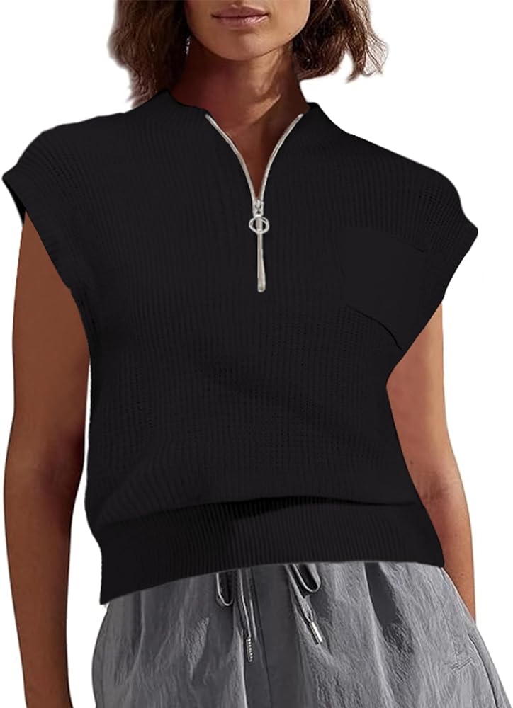 Women Sleeveless Knit Zip Sweater Vest Loose Fit Mock Neck Casual Tank Top with Front Pocket