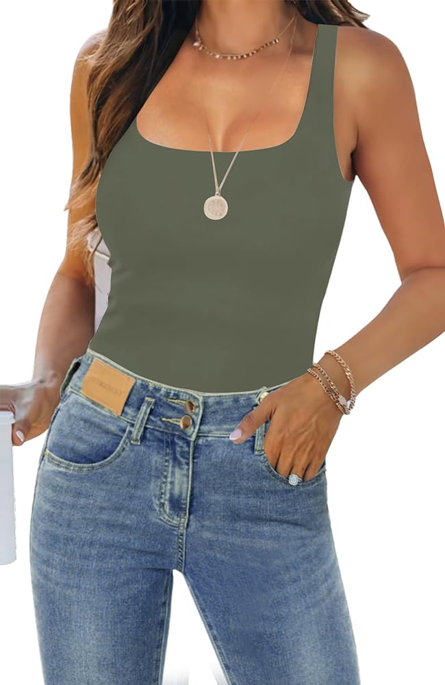 Womens Tank Tops Dressy Summer Sleeveless Shirts Sexy Square Neck Double Lined Fitted Tops T Shirts Blouses