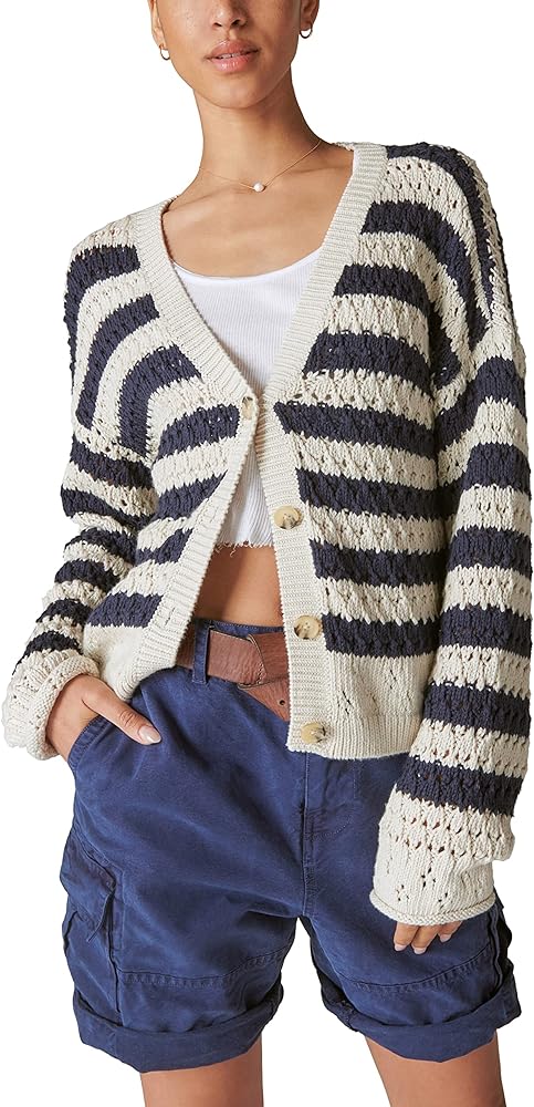 Lucky Brand Women's Button Front Knit Cardigan, Straw Heather Multi, Large