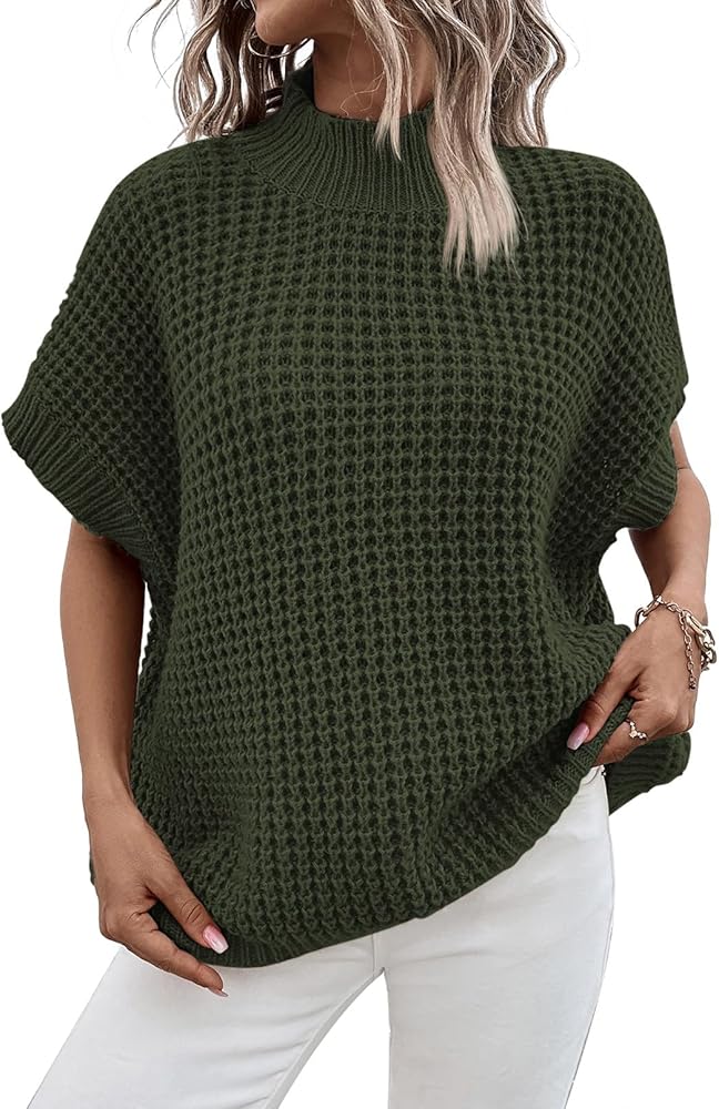 Pink Queen Short Sleeve Sweater for Women High Neck Pullover Sweaters Vest Tops Lightweight Knitted Long Top Green S