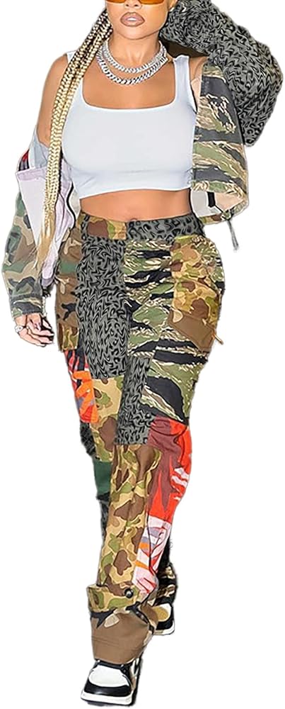 SHINFY Women's Cargo Camo Pants,Outdoor High Waisted Baggy Jogger Pants with Pockets