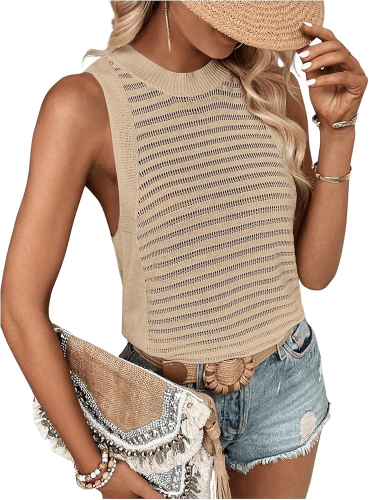 Women's Summer Sleeveless Crochet Tops Hollow Out Crewneck Tank Top Knit Sweater Vest