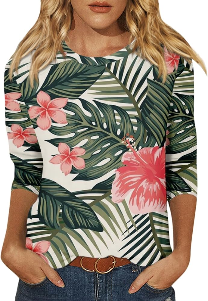 Hawaiian Shirts for Women Womens Casual Hawaii Shirts Beach Printed Tropical Blouses Crewneck 3/4 Sleeve T Shirt