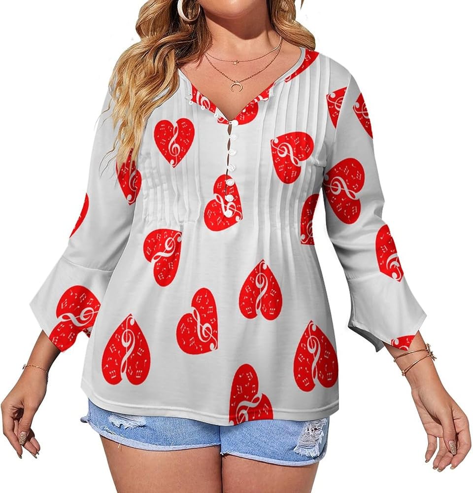 Music Heart Notes3 Cute Womens T-Shirts 3/4 Sleeve Button Down Tee Tops Blouse Summer Beach