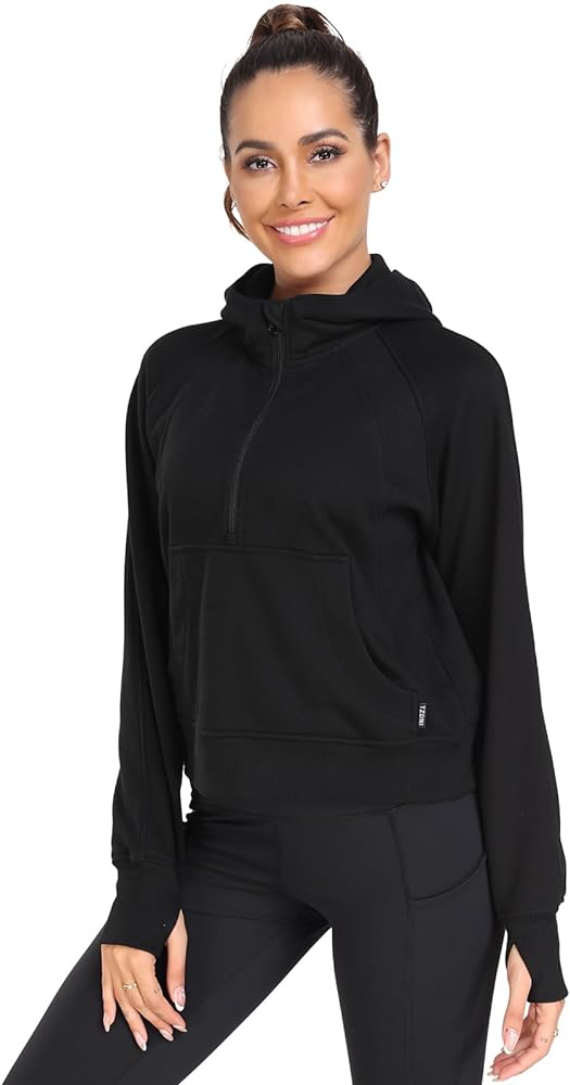 Women's Half Zip Sweatshirt Cropped Hoodie Workout Zipper Long Sleeve Pullover With Pockets Thumb Holes