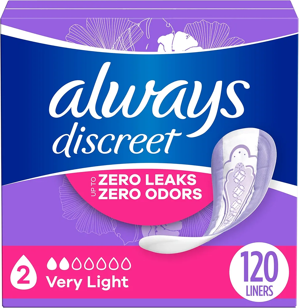 Always Discreet Adult Incontinence & Postpartum Liners for Women, Size 2, Very Light Absorbency, Regular Length, 120 Count (Packaging may vary)