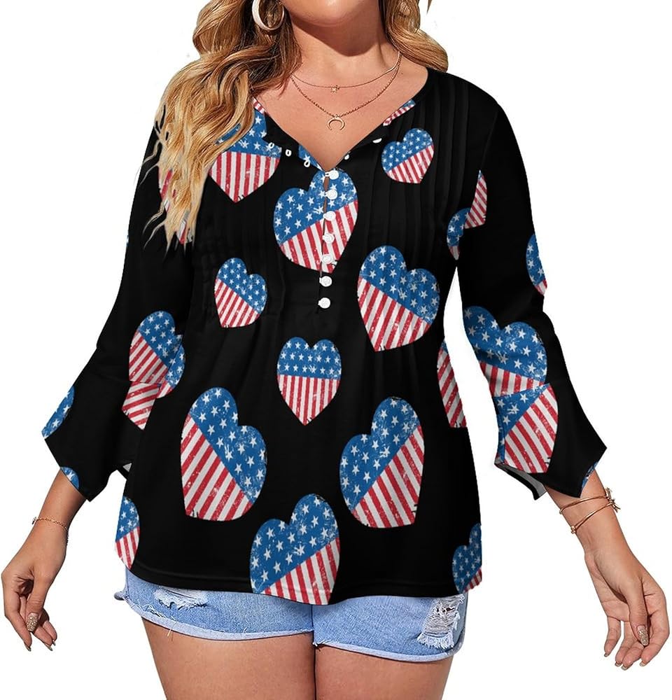 USA America Retro Heart Flag Cute Womens T-Shirts 3/4 Sleeve Button Down Tee Tops Blouse Summer Beach