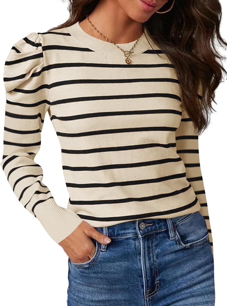 Saodimallsu Womens Puff Long Sleeve Pullover Sweaters Striped Crew Neck 2024 Trendy Loose Knit Jumper Tops