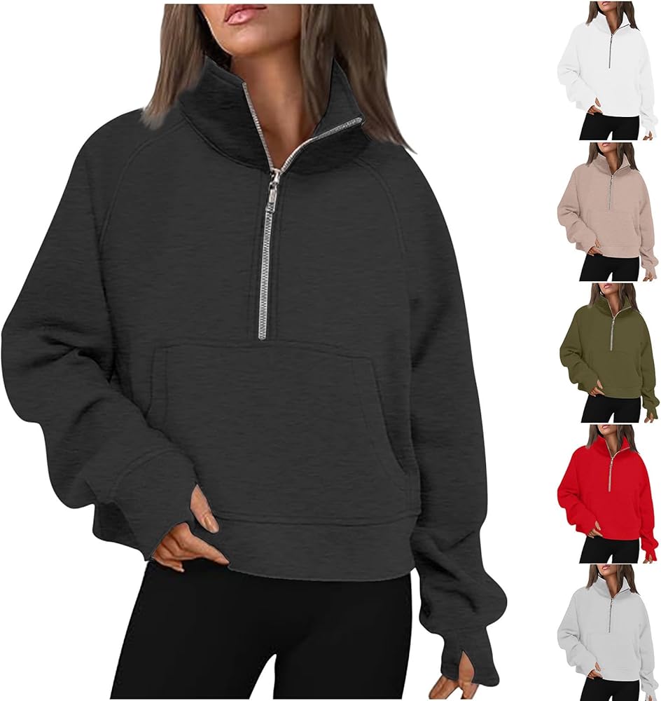 Women Half Zip Hooded Sweatshirt Thumb Hole Hoodie Pullover with Kangaroo Pocket Raglan Sleeve Quarter Zipper Hoodie