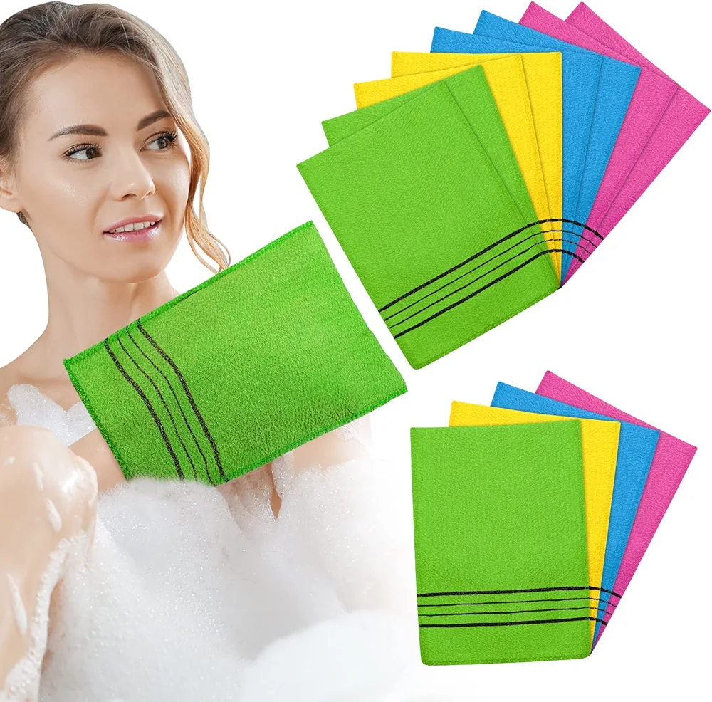 Tatuo 12 Pieces Korean Exfoliating Mitt Exfoliating Cloth Towel Korean Style Body Scrub Korean Style Scrubbing Cloth Bath Body Exfoliating Scrub Towel (Large,Yellow, Green, Blue, Pink)