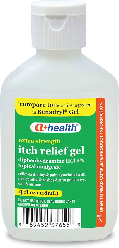 Extra Strength Itch Relief Gel, Diphenhydramine HCl 2% Topical Analgesic, Relives Itching and Pain for Bug Bites, Rashes, Poison Ivy, Oak and Sumac, Made in USA, 4 Ounces