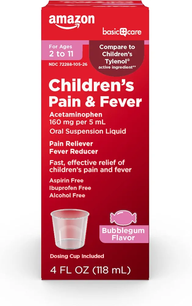 Amazon Basic Care Children's Pain Reliever Oral Suspension Liquid, Bubblegum Flavor, Acetaminophen 160 mg per 5 ml, Effective, Fever Reducer for Age 2-11 Years, Red, 4 fl oz (Pack of 1)