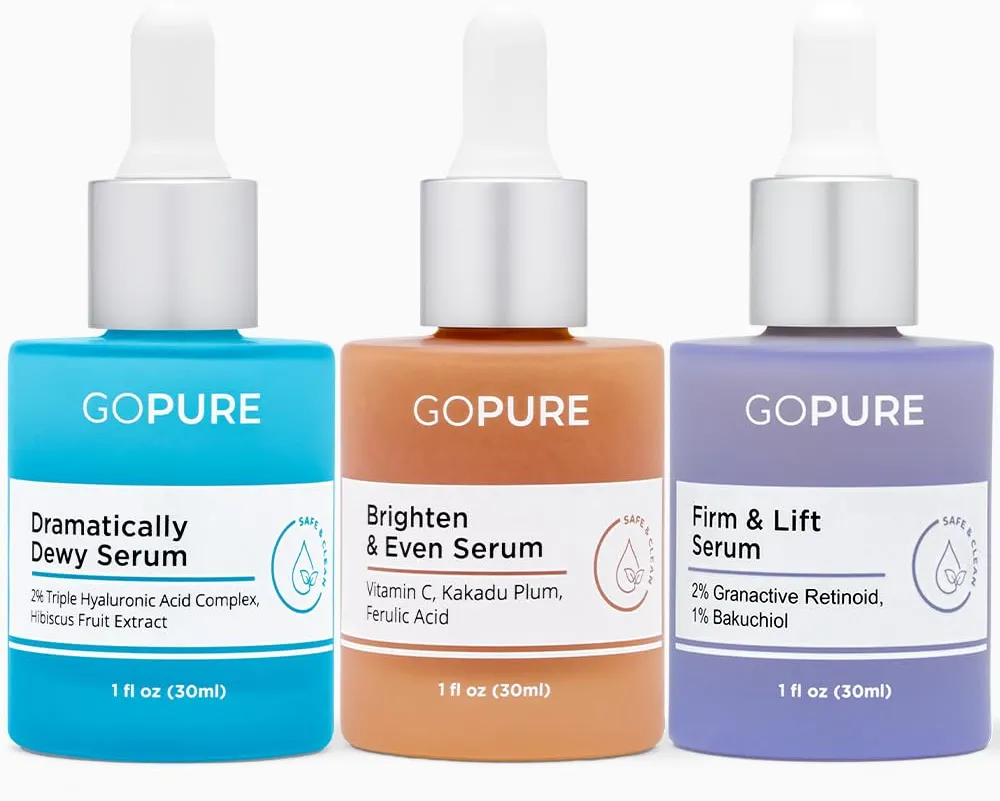 goPure Power Serum Trio Set - Radiant Vitamin C Serum, Hydrating Hyaluronic Acid Serum, Bakuchiol and Retinol Serum for Visibly Brighter, Moisturized, and Firmer-Looking Skin - Set of 3, 1.0 fl oz