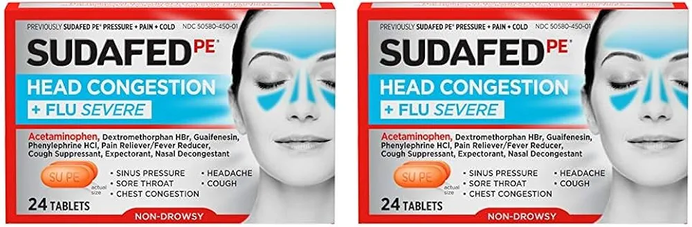 Sudafed PE Head Congestion + Flu Severe Decongestant Tablets for Adults, 24 ct (Pack of 2)