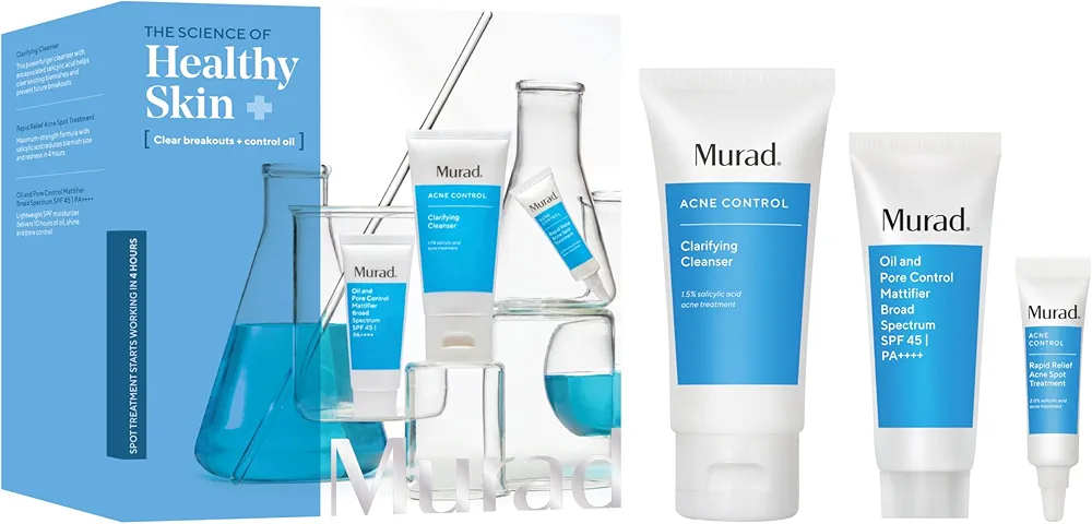 Murad Acne Trial Kit - Clear Breakouts + Control Oil 3-Piece Trial Kit ($50 Value) - Clarifying Cleanser 2Fl Oz, Rapid Relief Acne Treatment 0.25Fl Oz, Oil & Pore Mattifer SPF 45 0.8Fl Oz