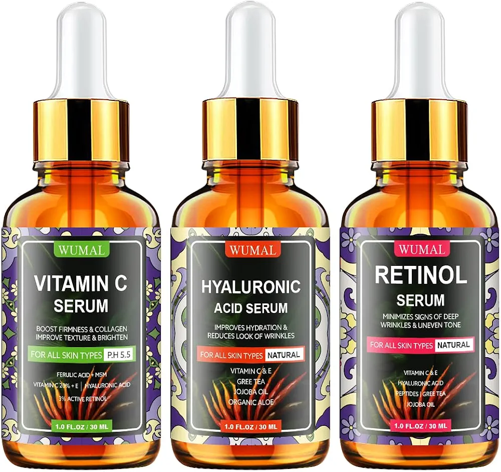 3 Pack Face Serum Set - Vitamin C Serum, Retinol Serum & Hyaluronic Acid Serum - Firming, Brightening & Hydrating - Reset Your Skin Day and Night