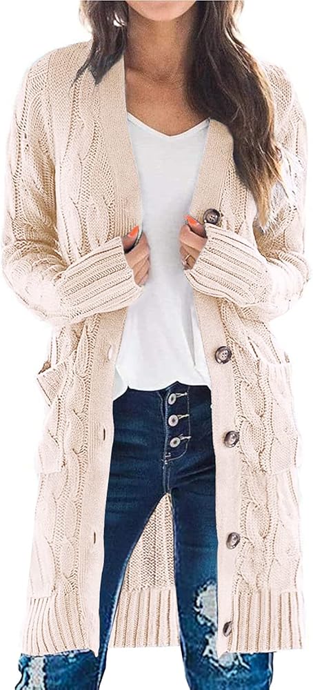 PRETTYGARDEN Long Sleeve Cable Knit Long Cardigan for Women 2024 Fall Winter Chunky Open Front Button Sweaters with Pockets