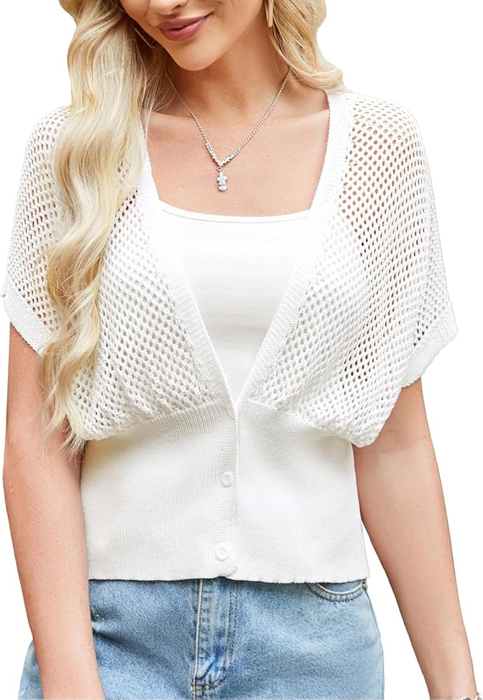 GRACE KARIN 2024 Women Short Sleeve Crochet Cardigan Summer Draped V-Neck Bolero Shrug Sweater Hollow Out Beach Cover Up