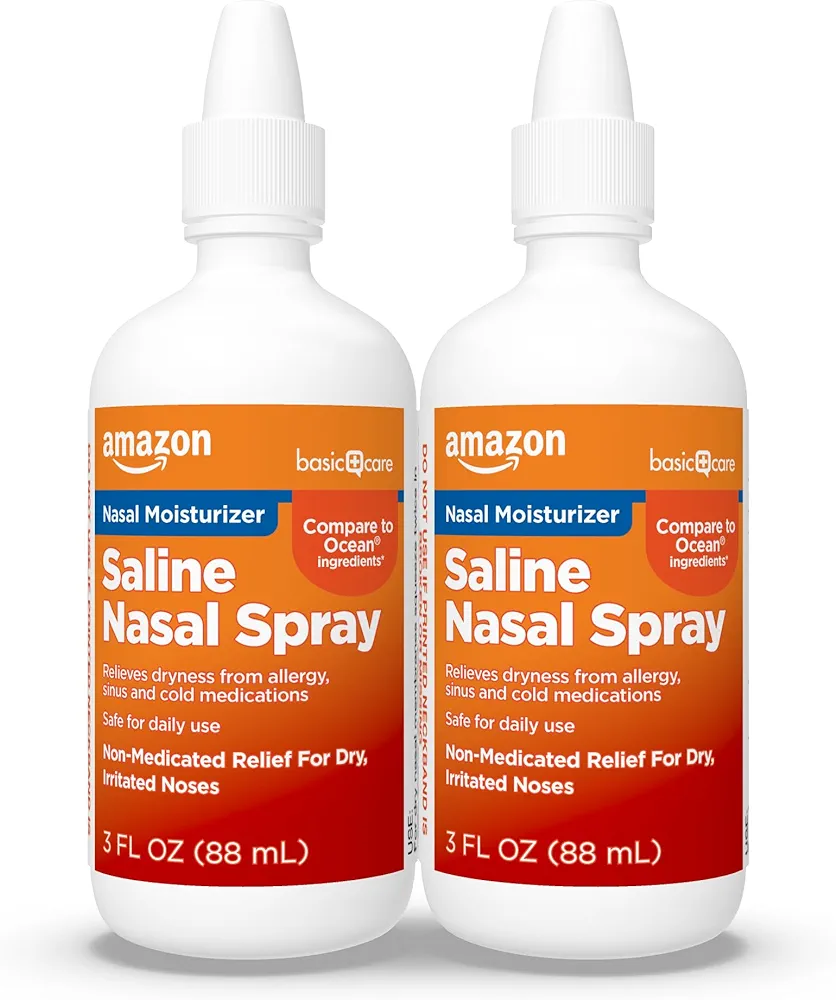 Amazon Basic Care Premium Saline Nasal Moisturizing Spray, Instantly Soothing Nasal Mist Nose Spray, Non-Medicated Relief, 3 fl oz (Pack of 2)