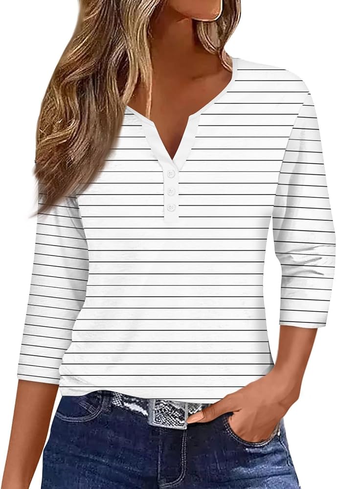 Tshirts Shirts for Women Fashion Casual Striped Print Blouse Business Casual V-Neck Button 3/4 Sleeve T-Shirt Top