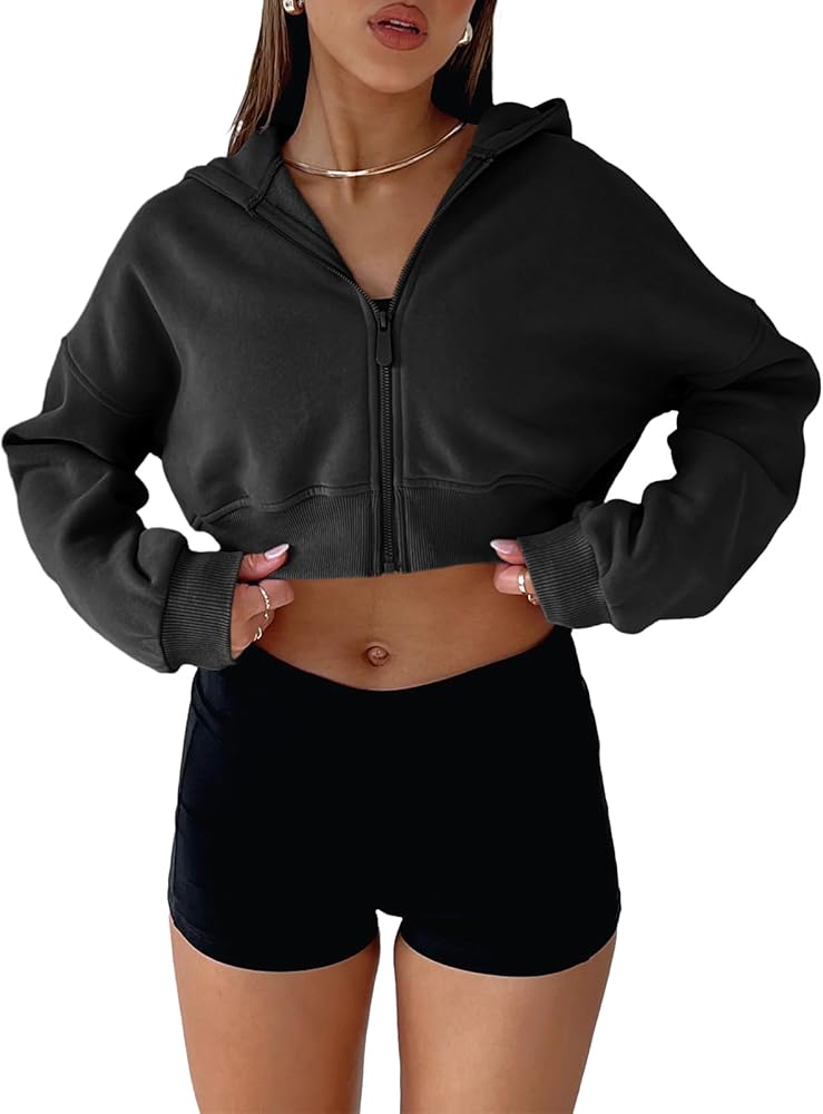 Aurgelmir Women's Cropped Zip Up Hoodie Sweatshirts Long Sleeve Casual Loose Y2K Pullover Tops