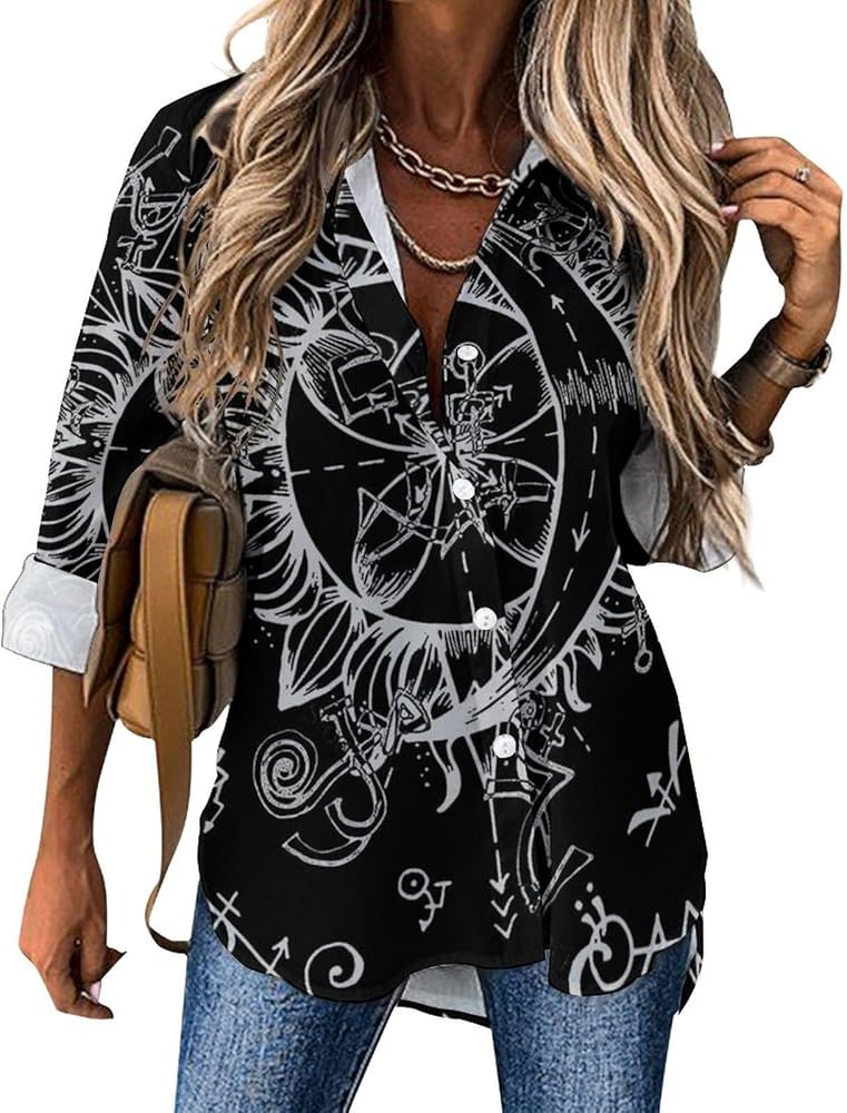 Symbols Sun and Moon Long Sleeve Shirts for Women Irregular Hem Button Down Blouse Loose V Neck Tees Top