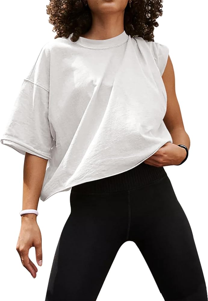 UEU Women's Comfy Basic Workout Gym Short Sleeve Crop Tops Casual Loose Oversized T-Shirts