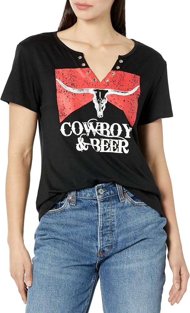 Cowboys & Beer Shirt for Women Country Music Tshirt Vintage Western Steer Skull Graphic Tees Cowboy Rodeo Blouse Top