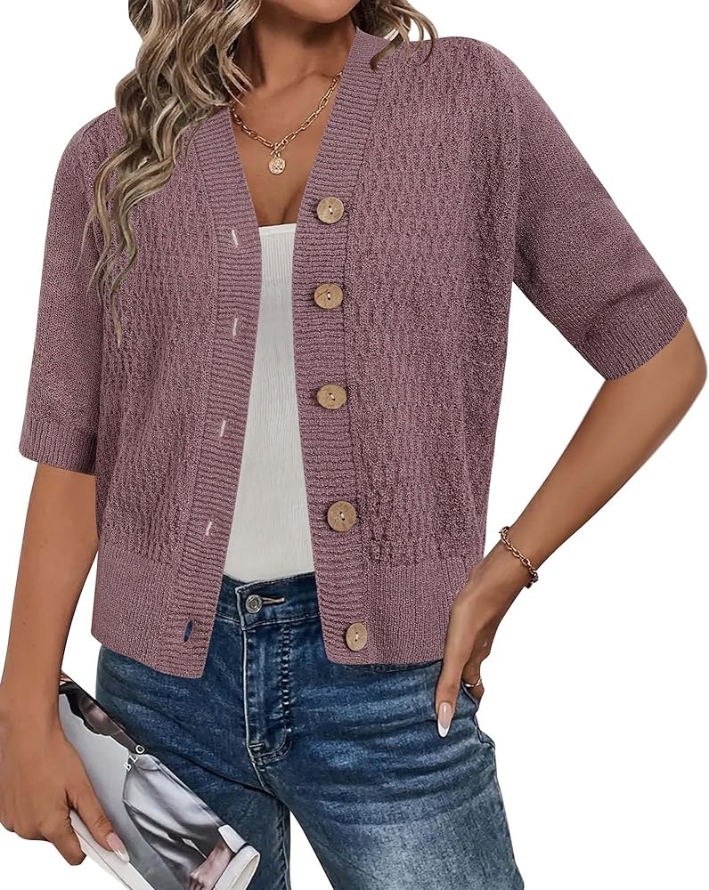 Arach&Cloz Womens Lightweight Cardigan Short Sleeve Shrugs Button Crochet Knit Fashion Sweaters Tops Cozy Clouds