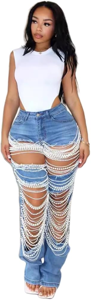 Women's Casual Jeans, Y2k Trendy Clothing, Stylish Personality, High Waist Straight Pants, Ripped Pearl Chain, Elastic Pants