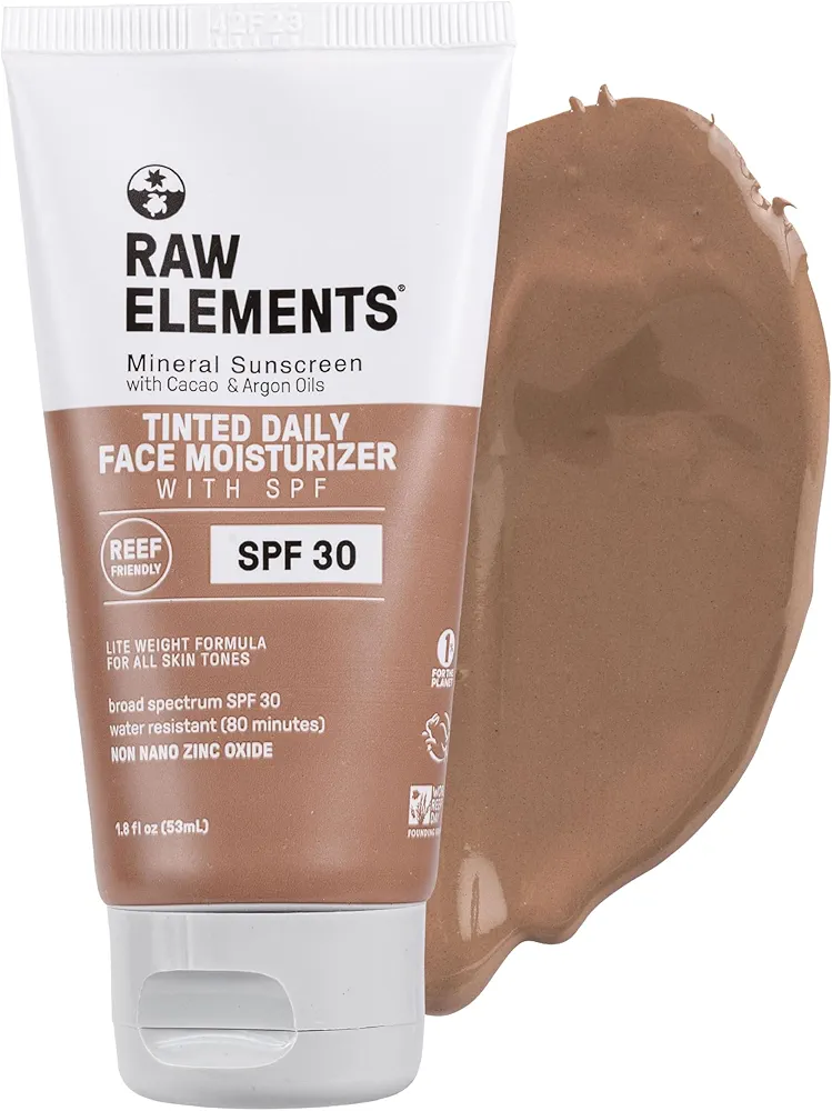 Raw Elements Tinted Daily Face Moisturizer All-Natural Mineral Sunscreen | Non-Nano Zinc Oxide, 95% Organic, Reef Safe, SPF 30, in Bio-Resin Tube, 1.8oz