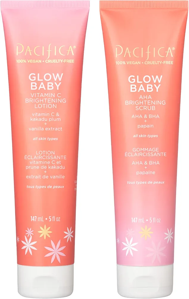 Pacifica Beauty Glow Baby Vitamin C Brightening Body Lotion and AHA Brightening Body Scrub Set, Bath and Body, Vitamin E, Kakadu, Moisturizing, Exfoliating, Hydrating, Vegan, 5 fl oz Each (Set of 2)