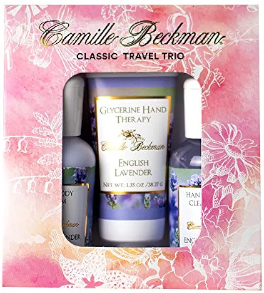 Camille Beckman Classic Collection Travel Trios, English Lavender, Glycerine Hand Therapy 1.35 oz, Silky Body Cream 2 oz, Hand & Shower Cleansing Gel 2 oz