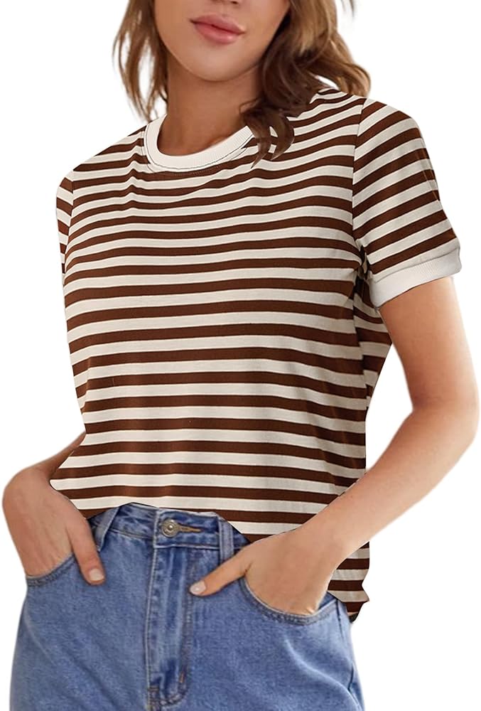 Floerns Women's Casual Striped Crew Neck Short Sleeve T Shirts Tee Tops