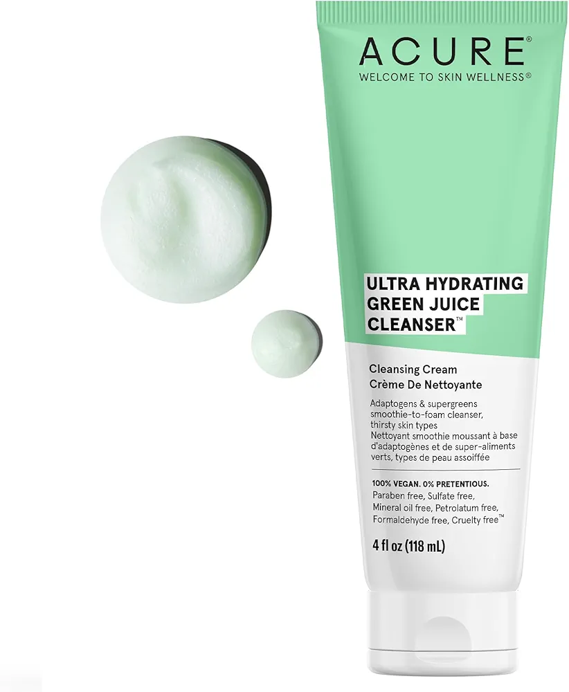 Acure Ultra Hydrating Green Juice Face Cleanser - Day & Night Facial Cleansing Foam, 4 fl oz